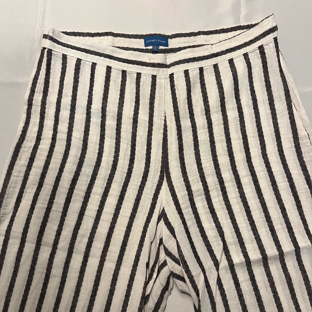 Antibes Blanc striped  women’s wide leg linen blend cropped pants Size L